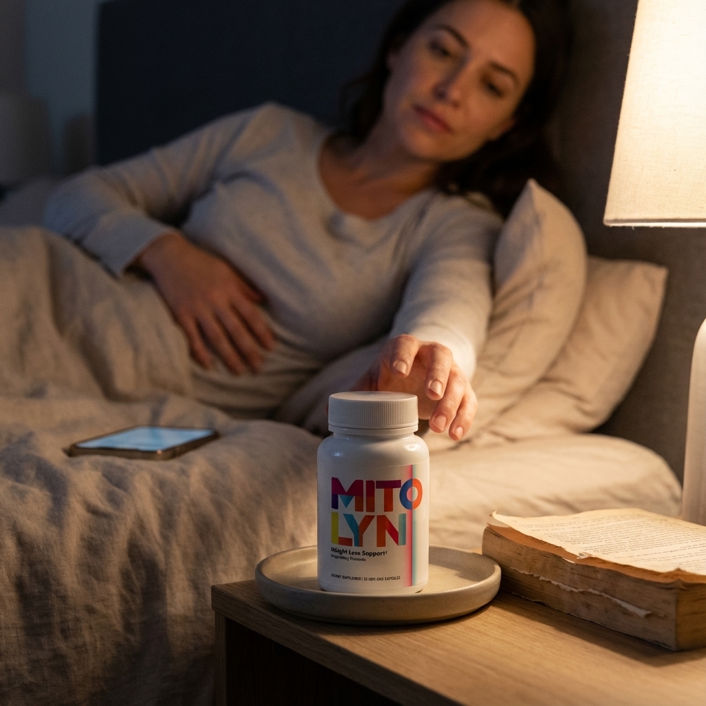 Mitolyn bottle on nightstand in warm lamp light