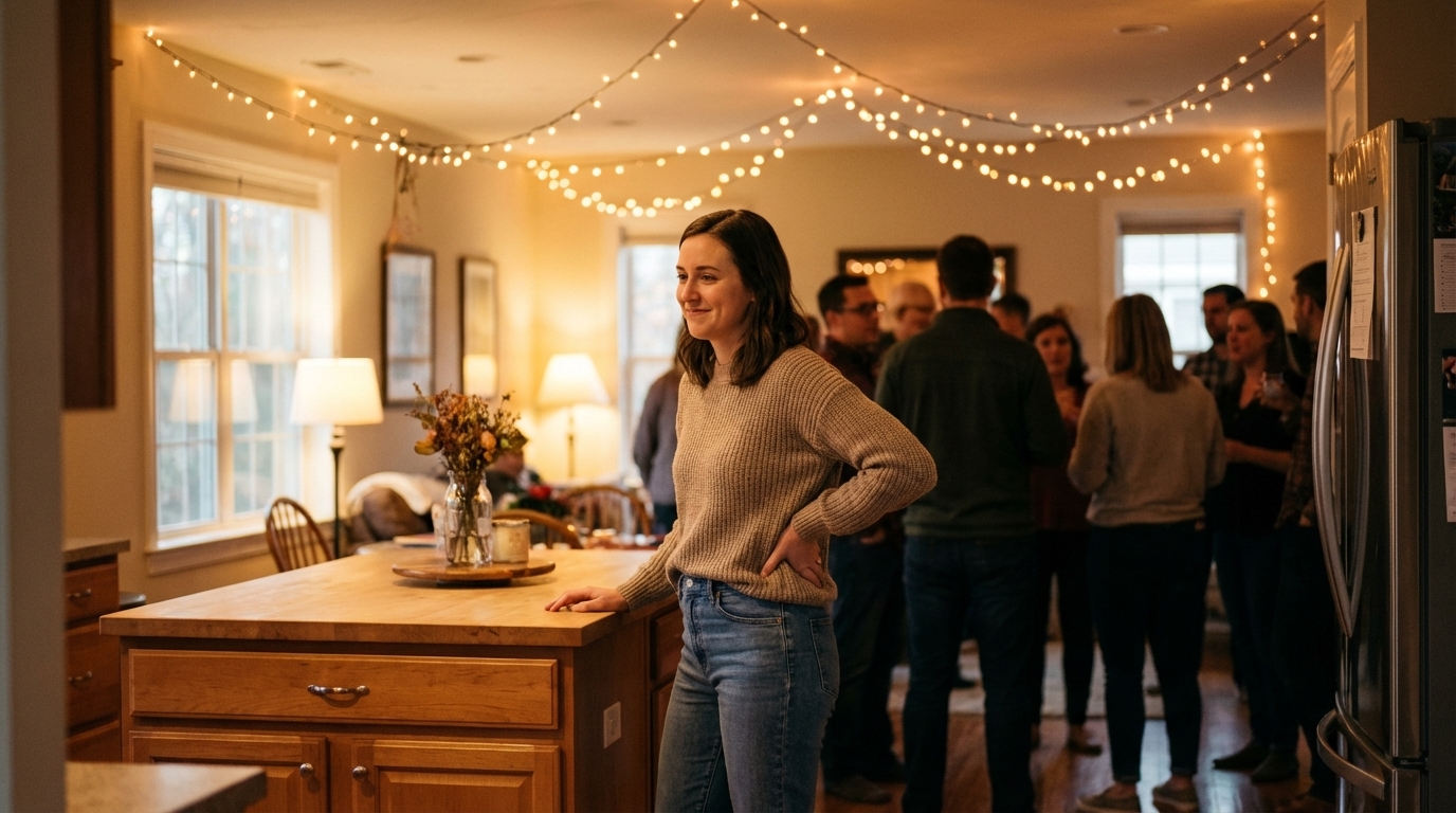Woman at a gathering shifting weight with a small back touch