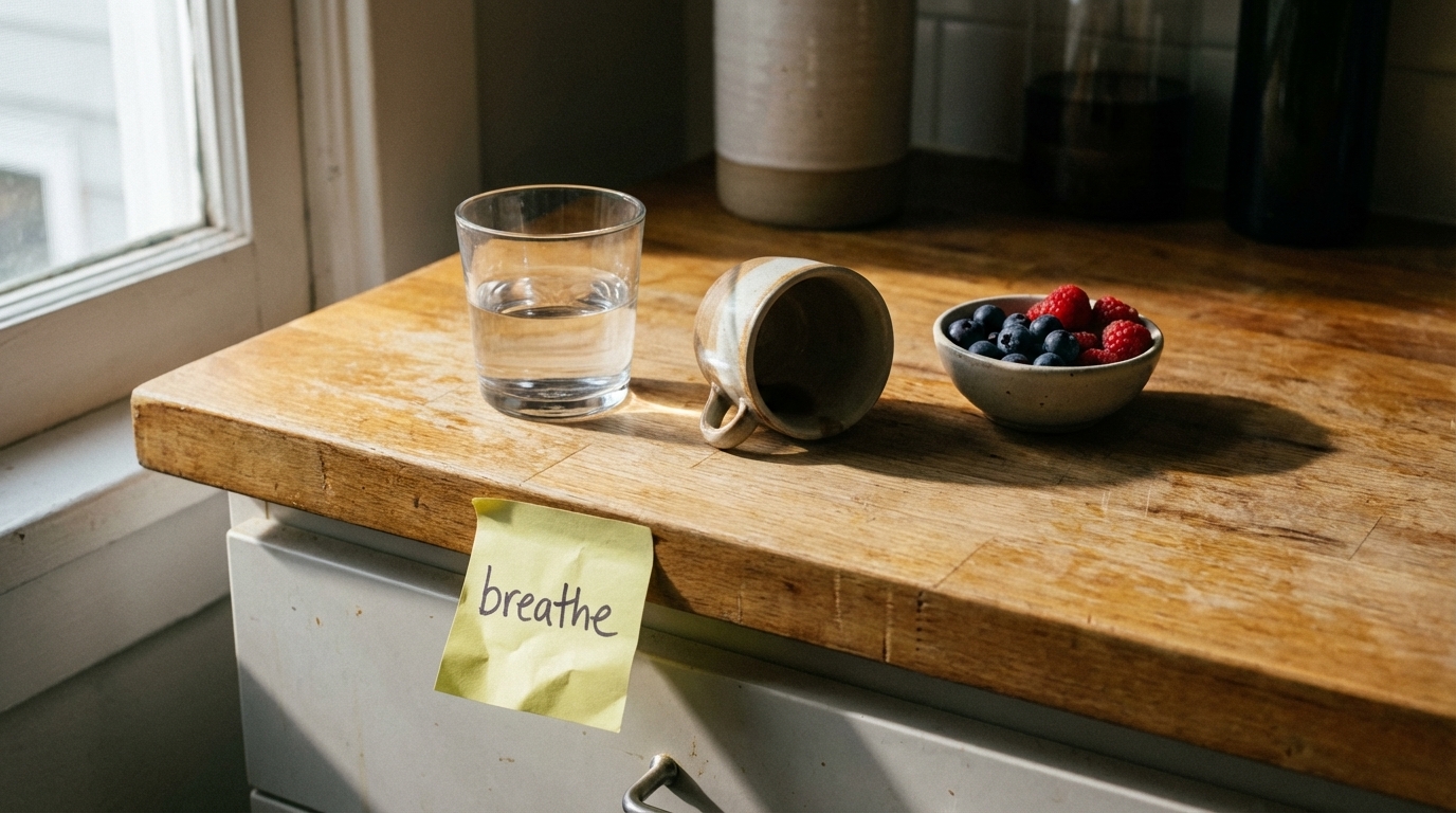 Countertop still life showing water coffee and simple reminders