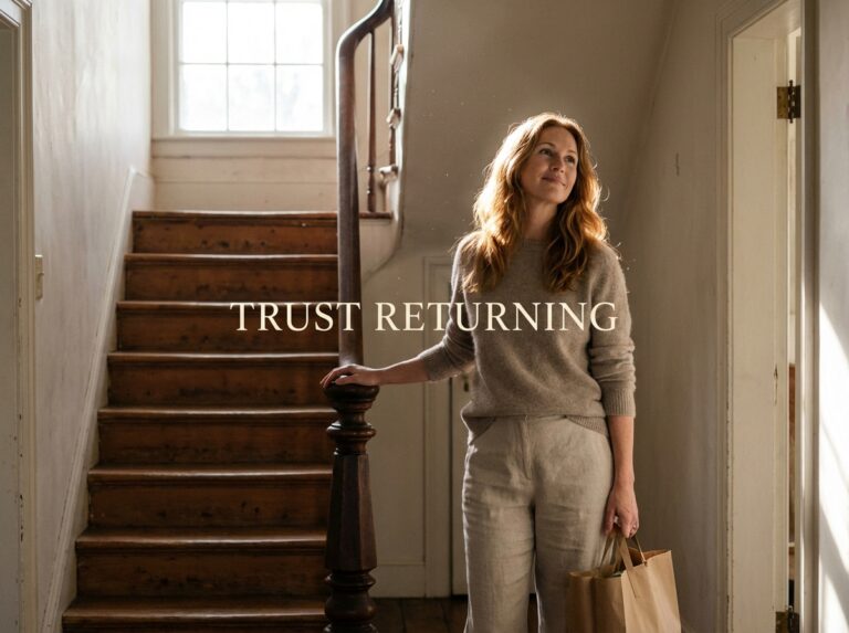 Woman pausing at stairs with calm determined expression