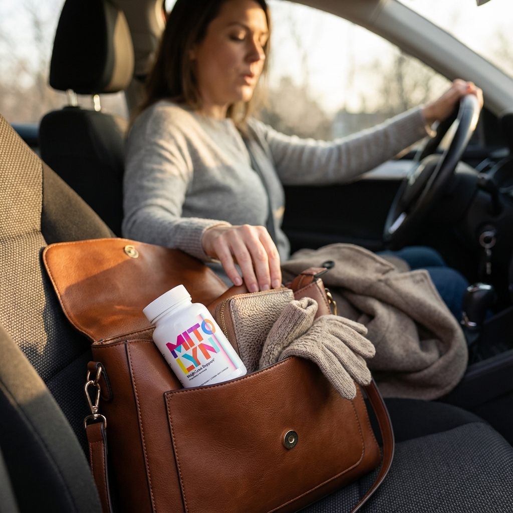 Mitolyn bottle visible in handbag pocket on car seat