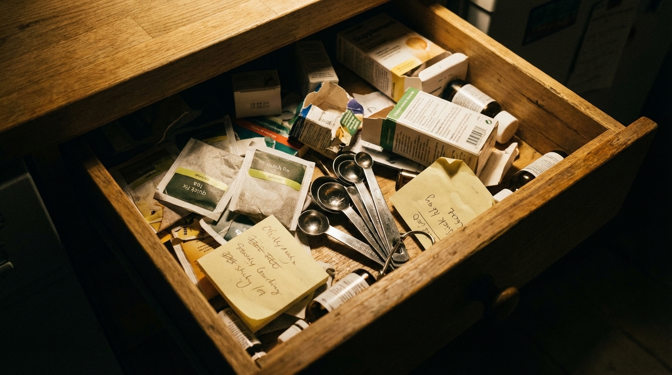 Open drawer with scattered wellness clutter in warm light