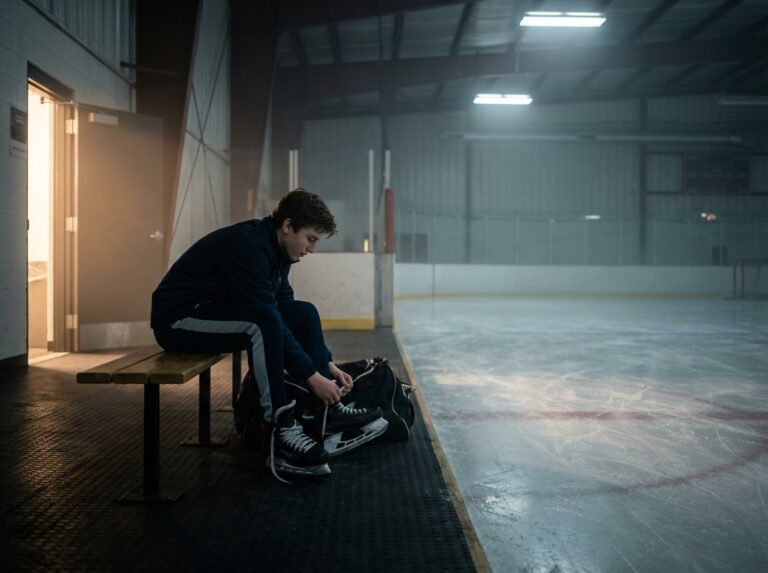 Teen athlete sitting calmly on bench in empty gym after practice