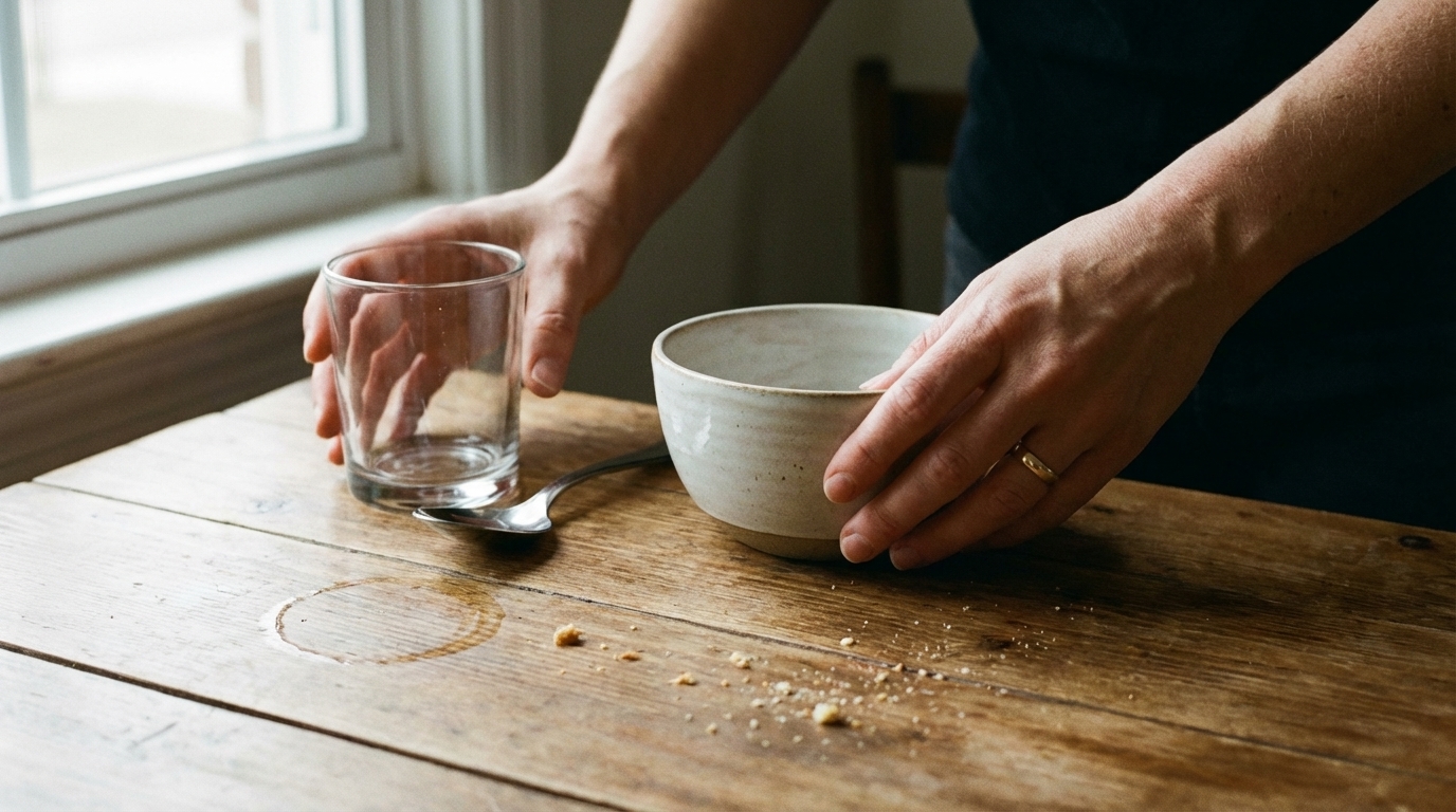 Hands arranging a simple morning routine in soft light
