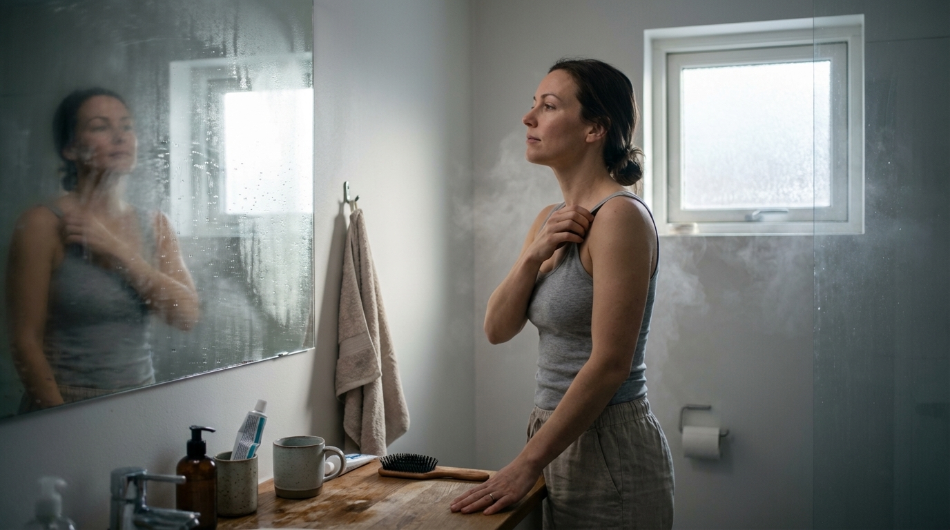 Woman quietly straightening posture in a fogged bathroom mirror