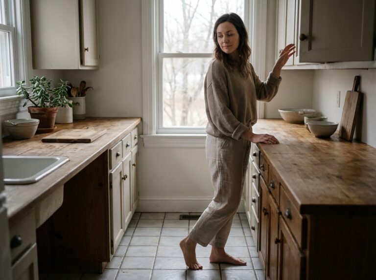 Woman pauses while reaching for a bowl on a high shelf in a softly lit kitchen