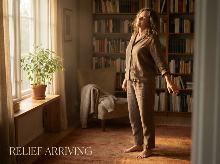 Woman stretching in soft morning light at home