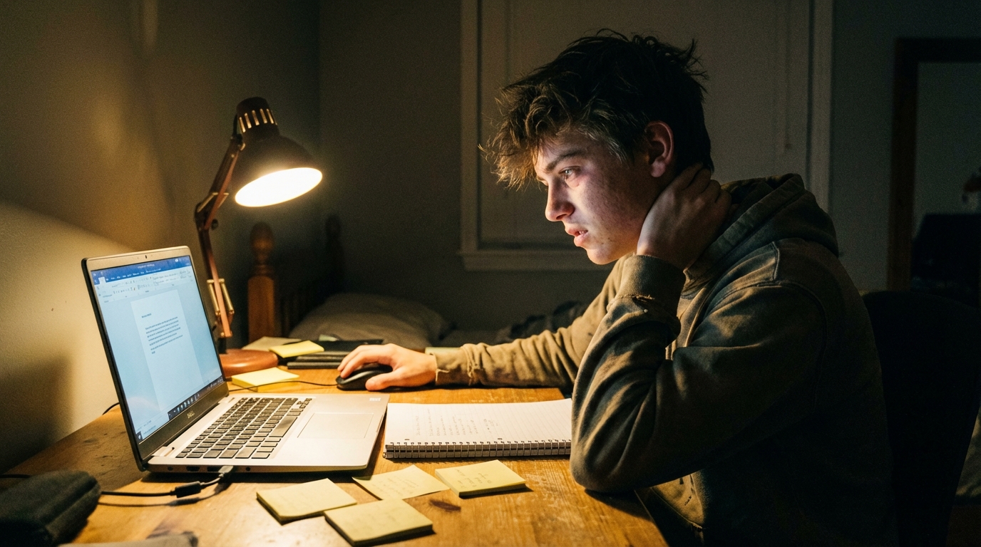 Teen studying supplement notes late at night looking tired