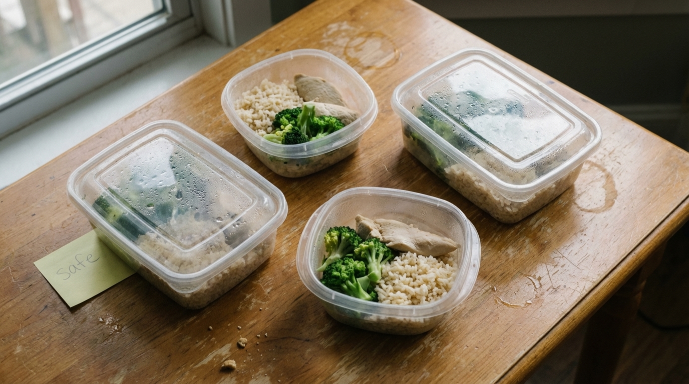 Repeated simple meals in containers on table