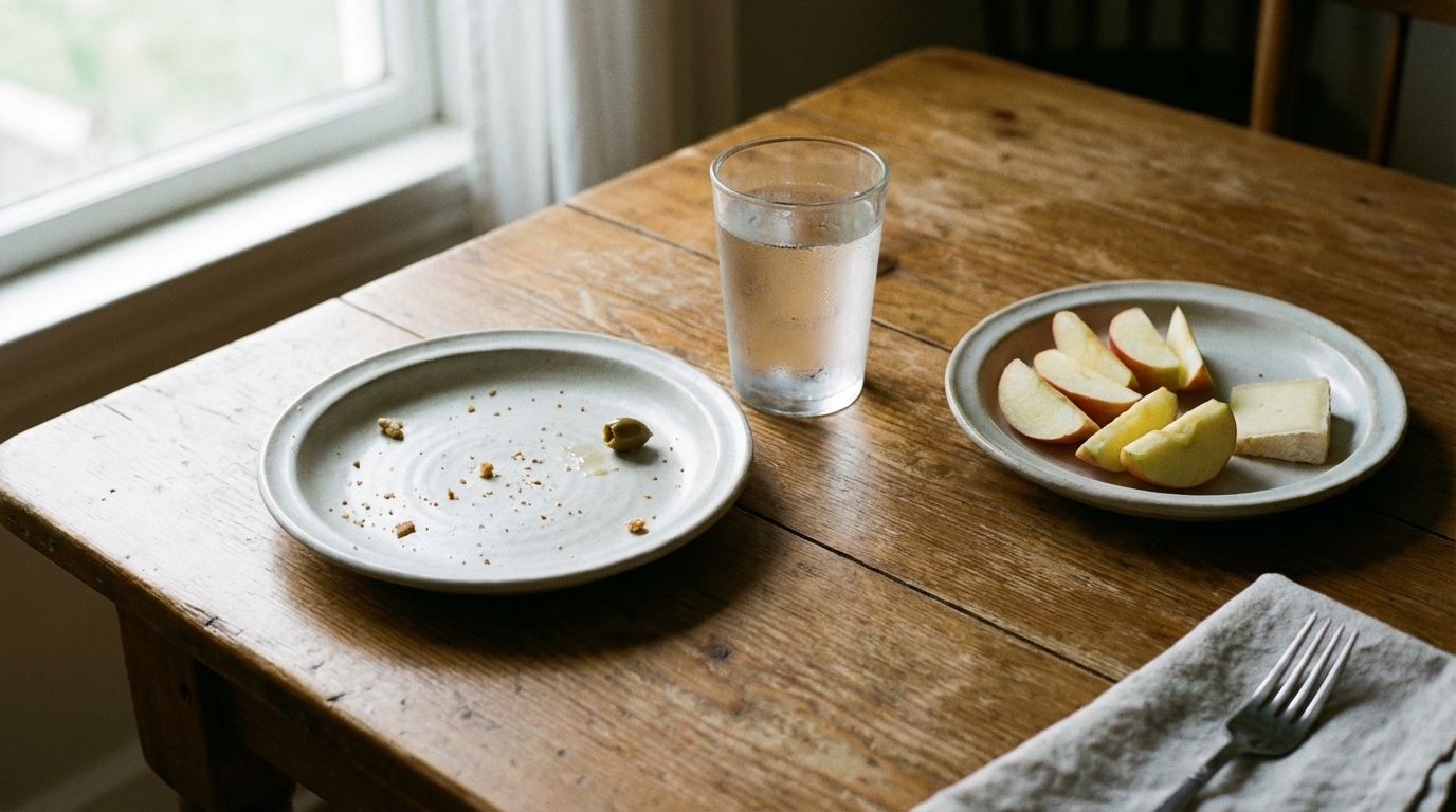 Two small simple meals on table with water