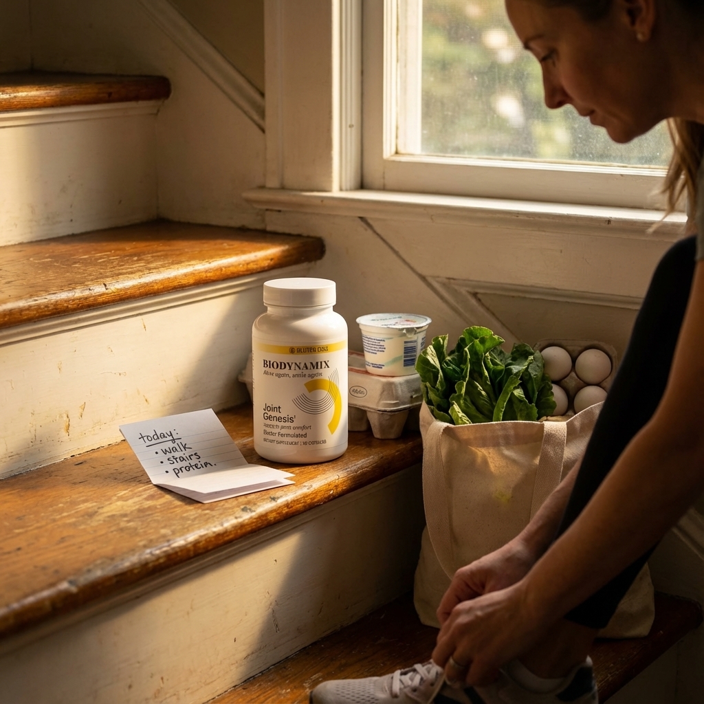 Joint Genesis bottle on stair step beside grocery tote and handwritten routine note
