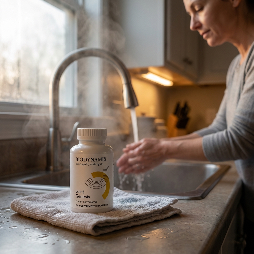 Joint Genesis bottle by a steaming kitchen sink in morning light