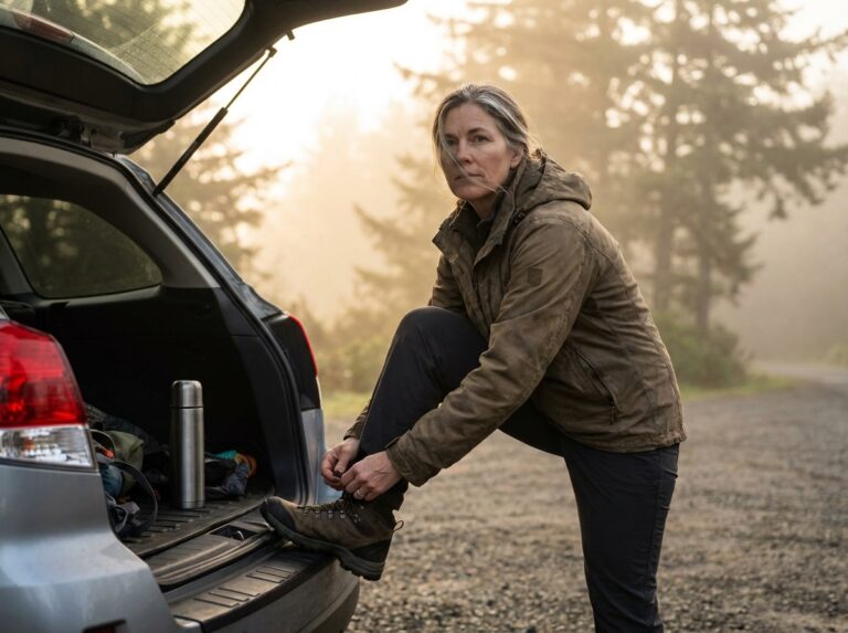 A woman in her 50s calmly tying her shoe at a misty trailhead