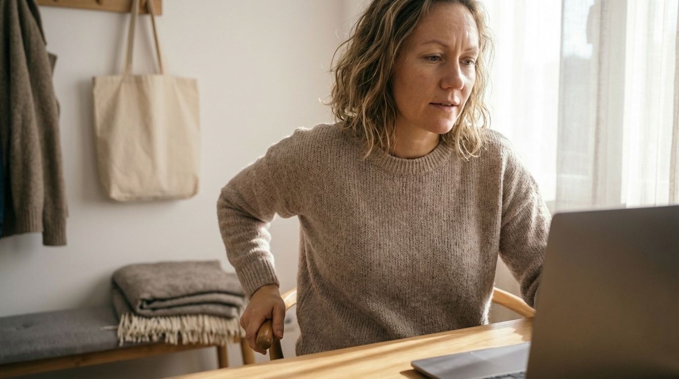 Woman shifting in chair during a quiet work moment