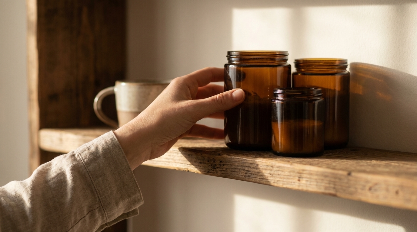 Hand reaching toward a simple shelf of everyday wellness items