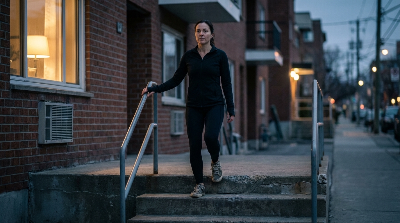 Woman practicing step ups slowly with calm focus