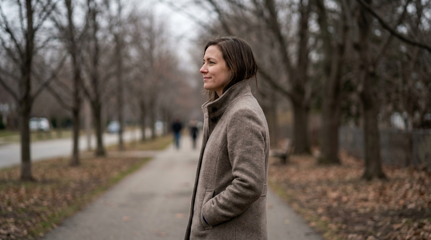 Woman walking calmly outside in natural daylight