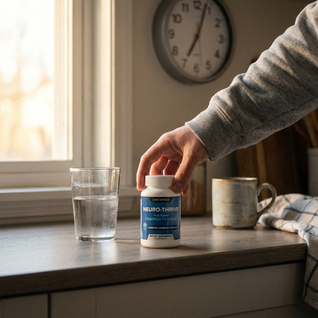 Hand opening Neuro-Thrive beside a simple morning checklist