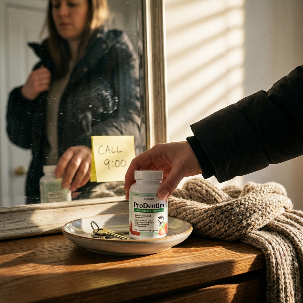 ProDentim bottle on an entryway tray beside keys and scarf in morning light