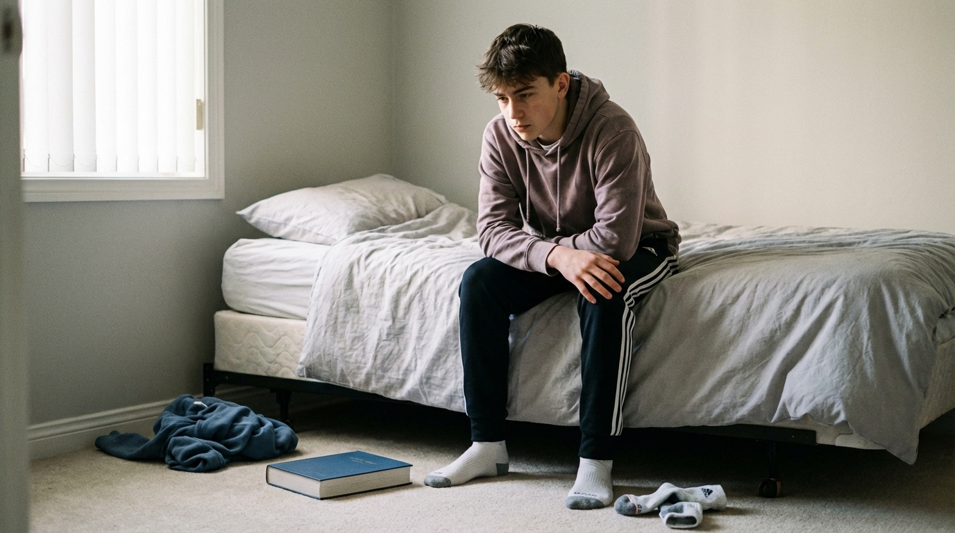 Teen athlete pausing on bed holding knee thoughtfully
