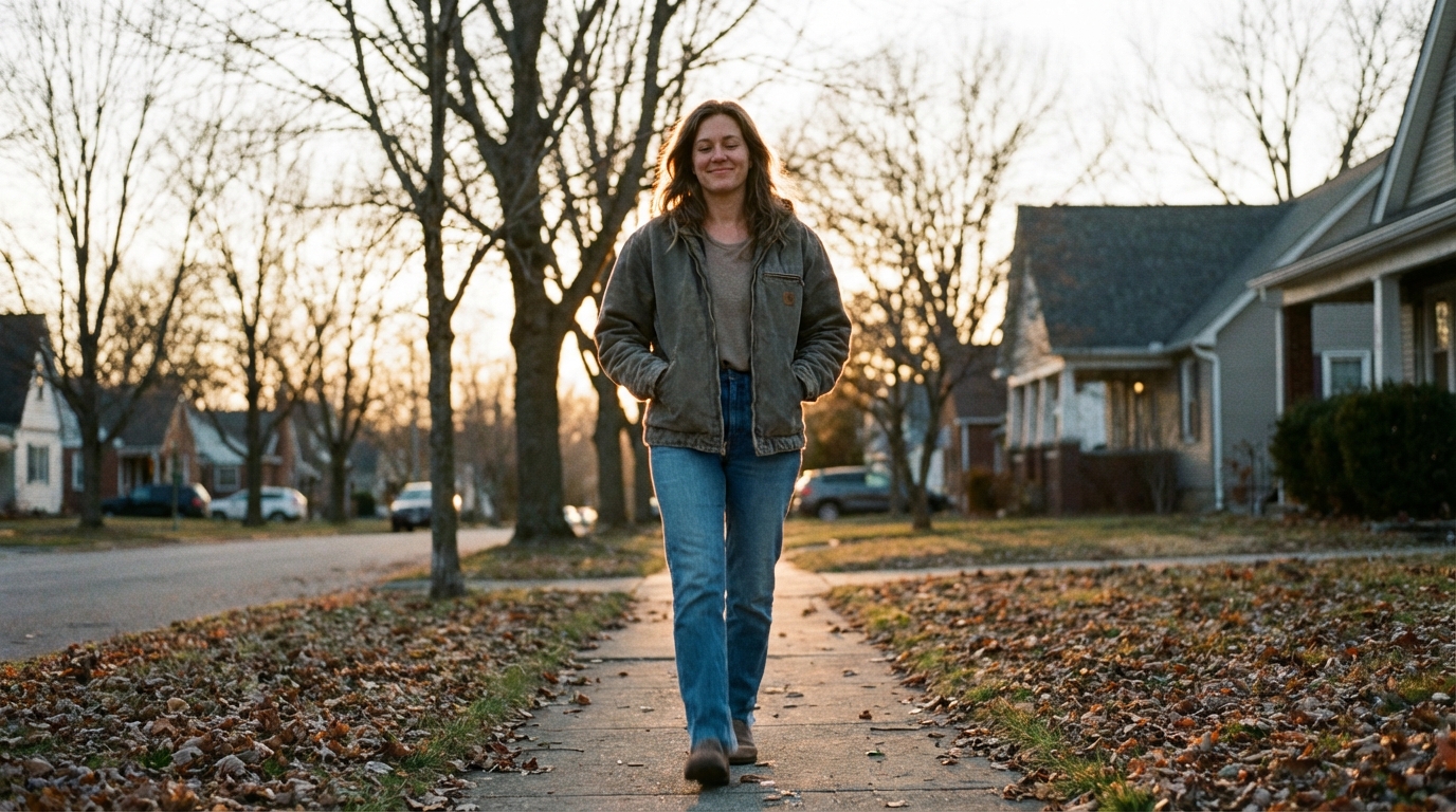 Woman taking a calm walk in soft sunlight
