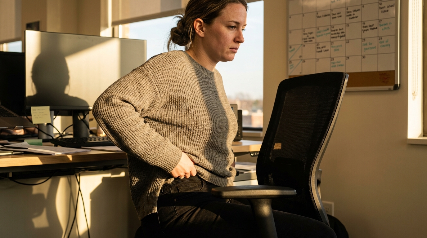 Woman at desk subtly adjusting waistband in afternoon light