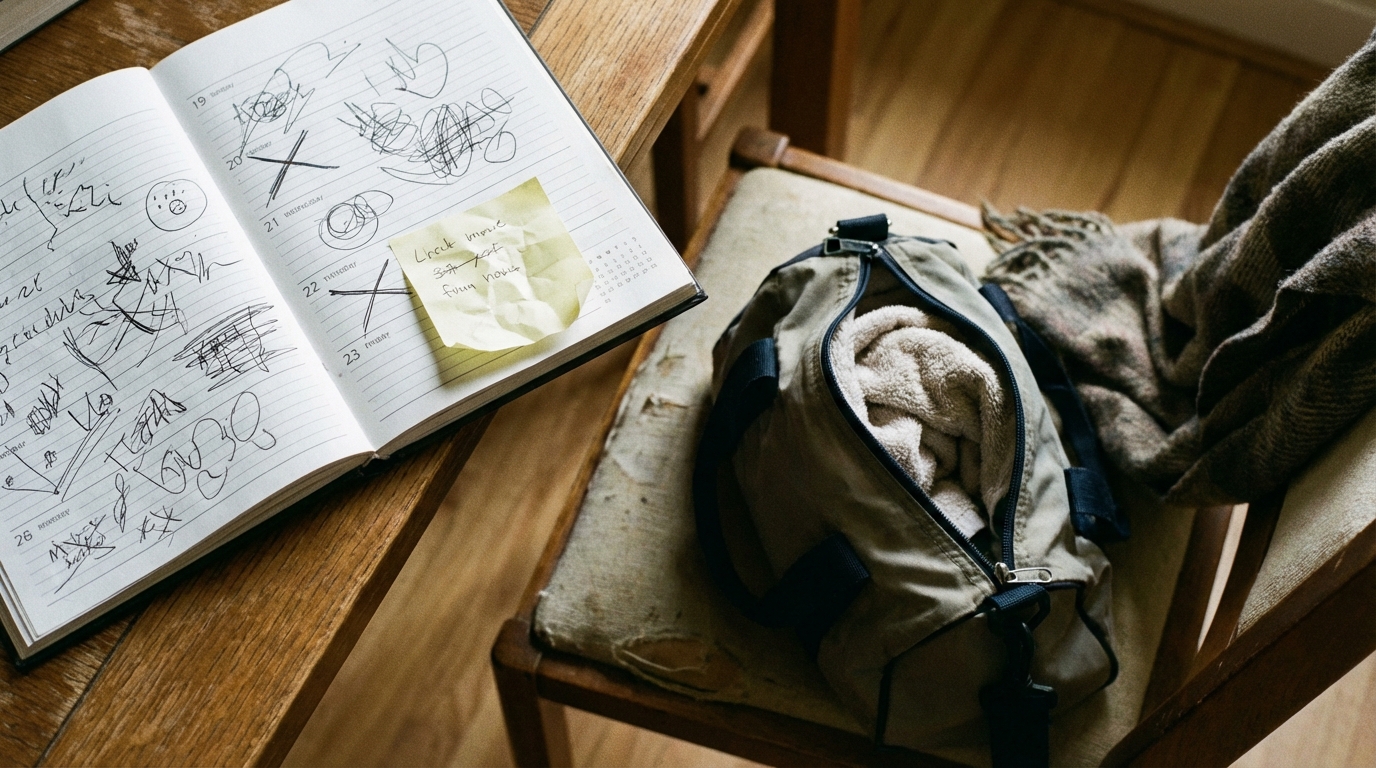 Busy week items arranged in a lived-in home scene