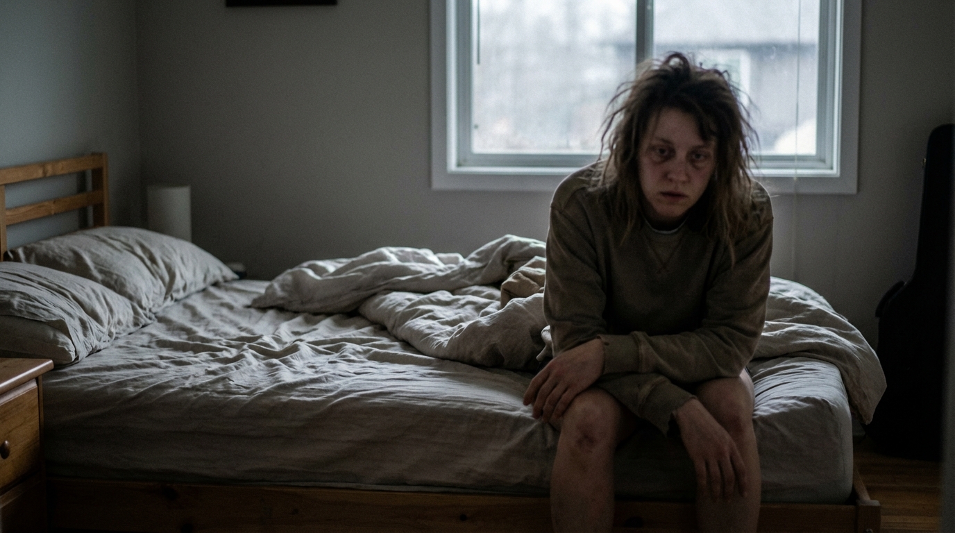 Person sitting on the edge of a bed in soft daylight