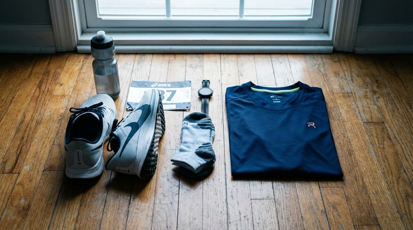 Sports gear laid out neatly in soft sunrise light