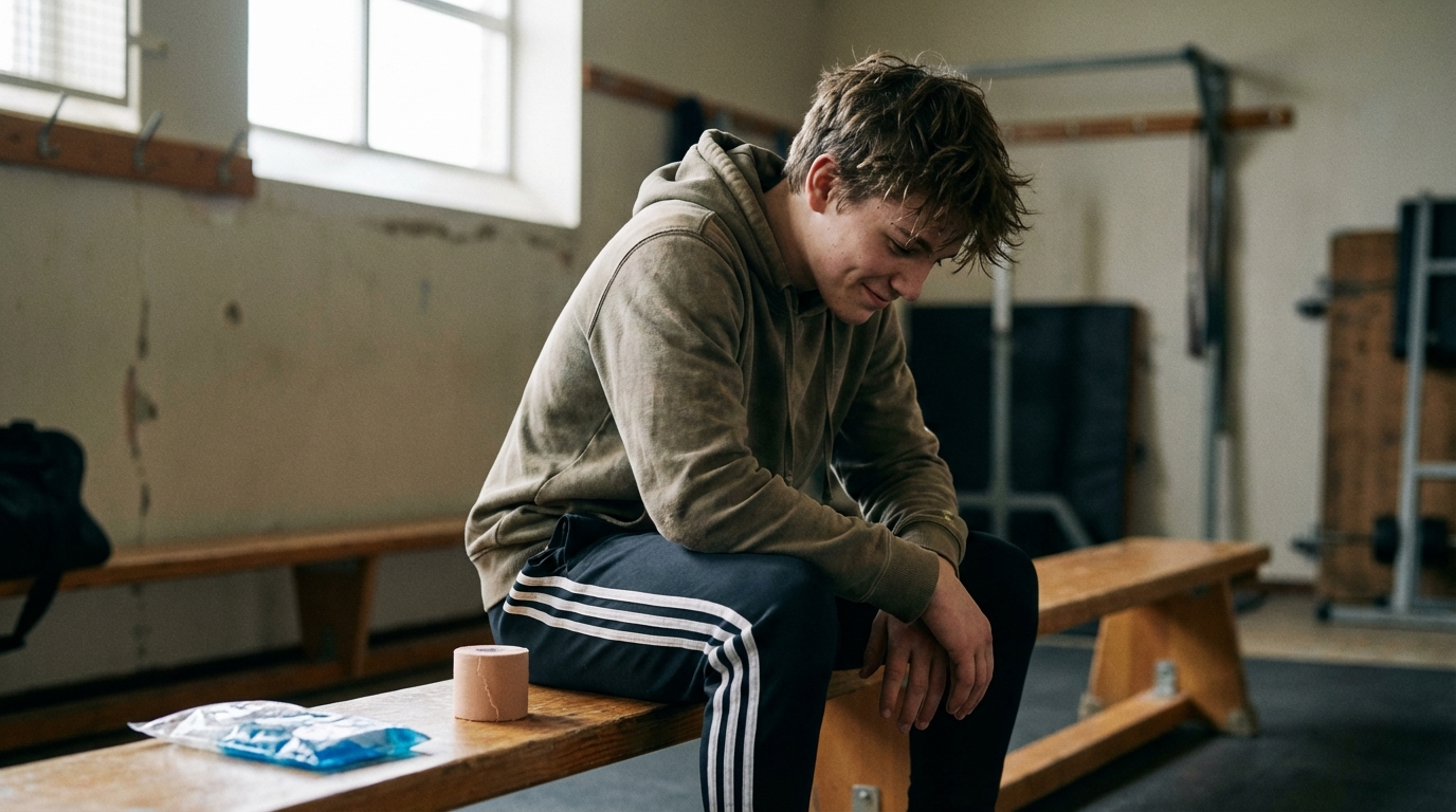 Teen athlete sitting quietly in training room with calm expression