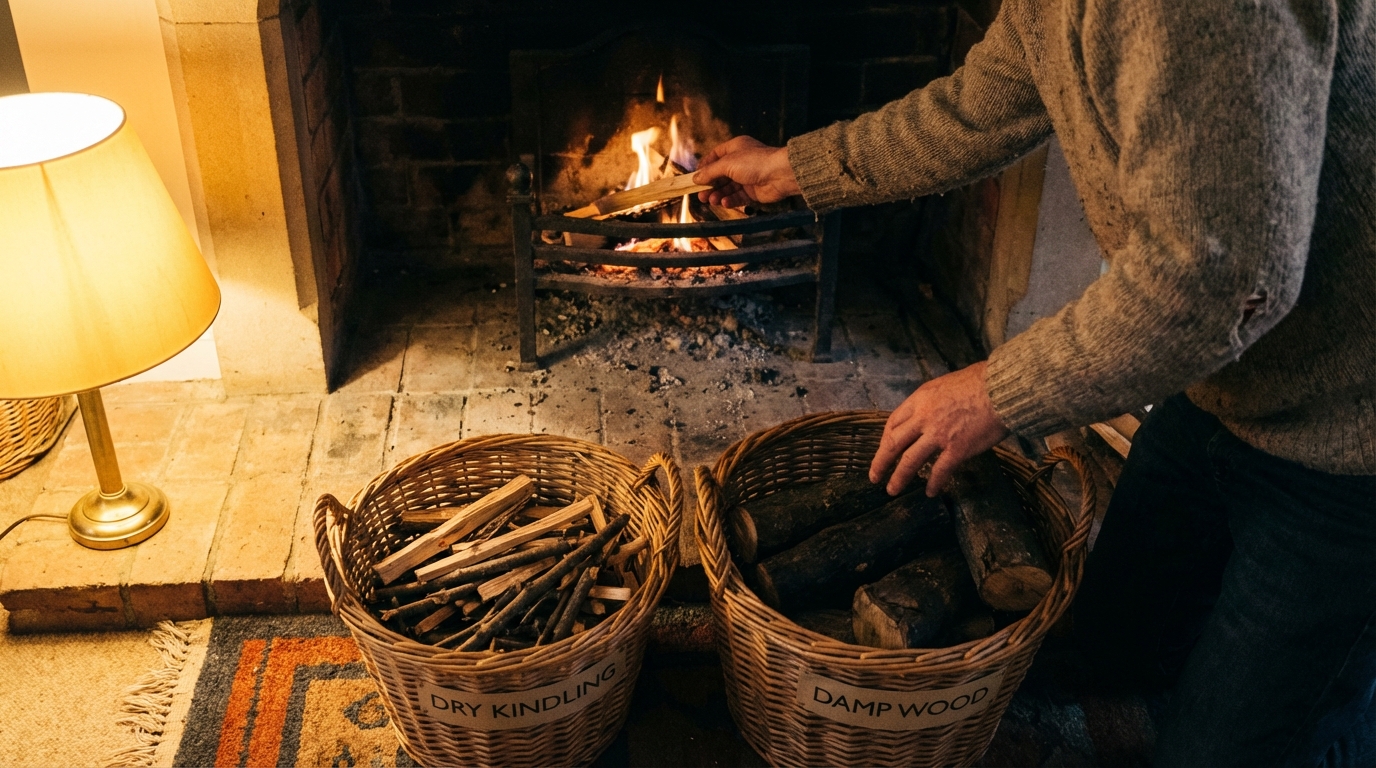 Hands building a small steady fire with dry kindling