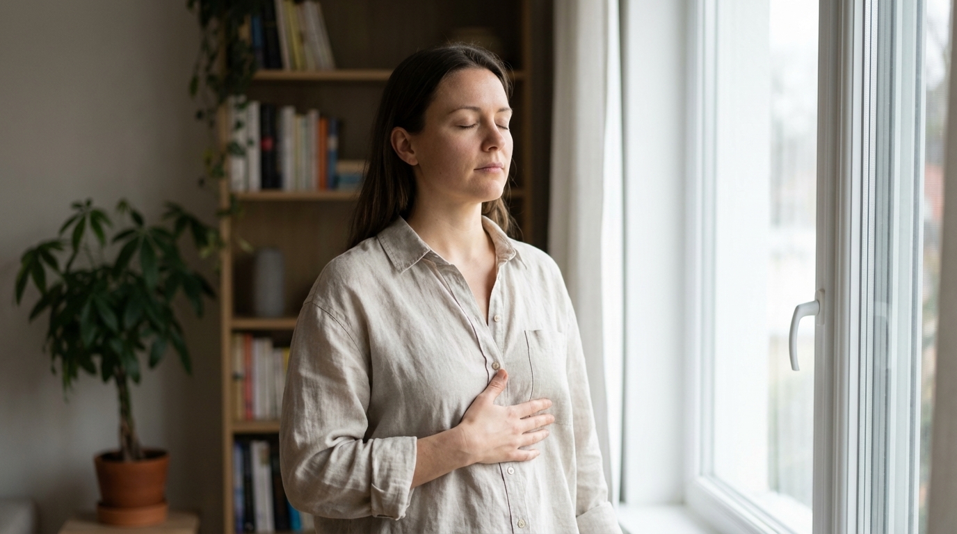 Woman taking a calm breath by a window