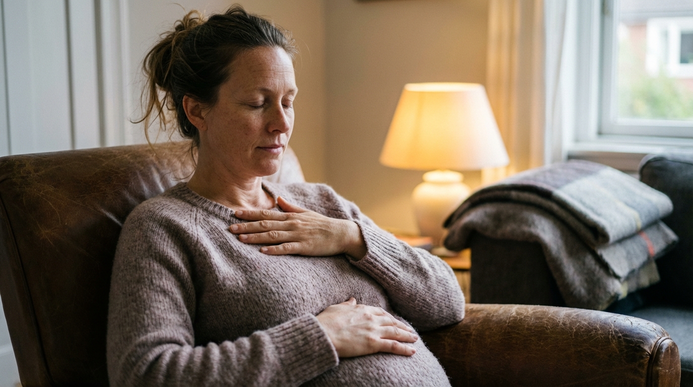 Woman sitting calmly with hands on chest and belly breathing slowly