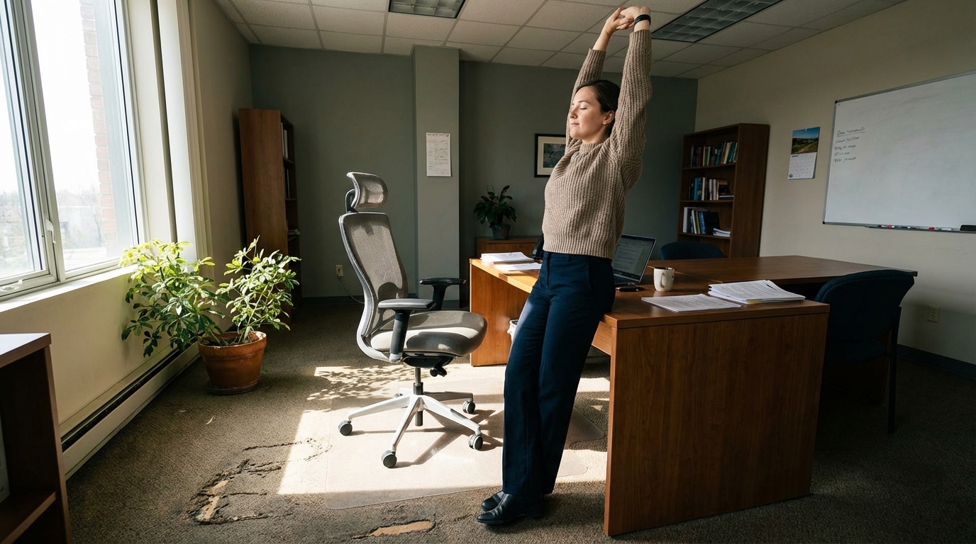 Woman stretching beside desk in natural light