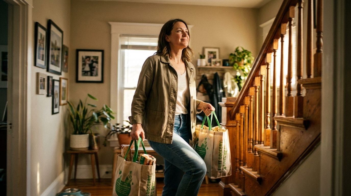 Woman walking upstairs carrying groceries with relaxed confidence