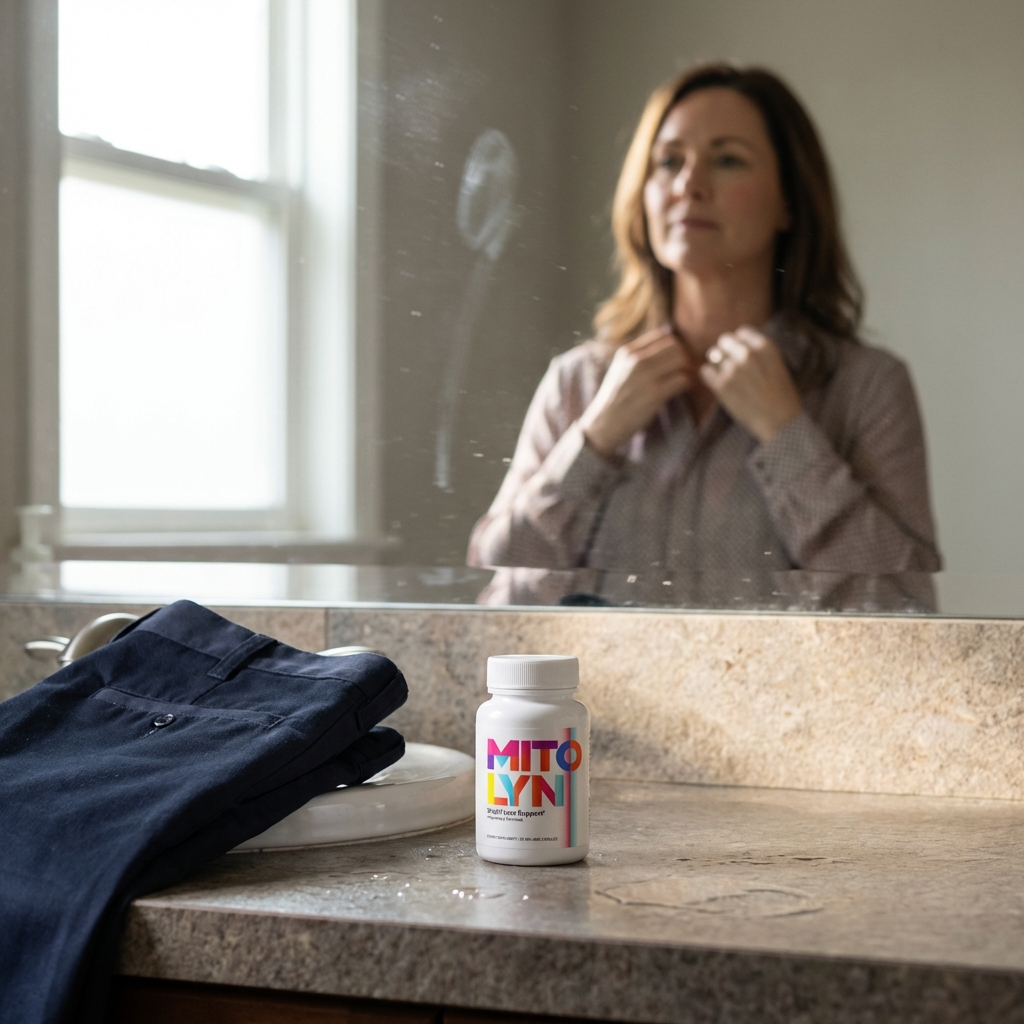 Mitolyn bottle on bathroom counter beside folded work pants