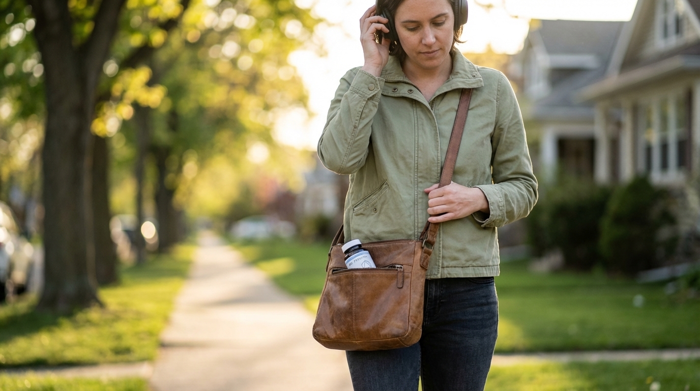 Person walking along a sunny path with headphones on and a small bottle tucked in their bag