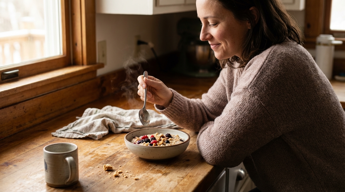 Woman eating warm oatmeal in soft morning light