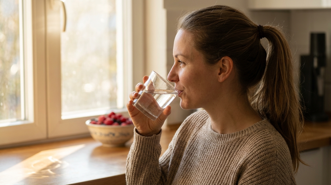 Woman drinking water in gentle morning light