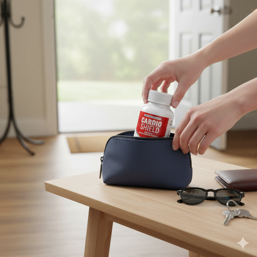 Cardio Shield added to a small everyday pouch by the door