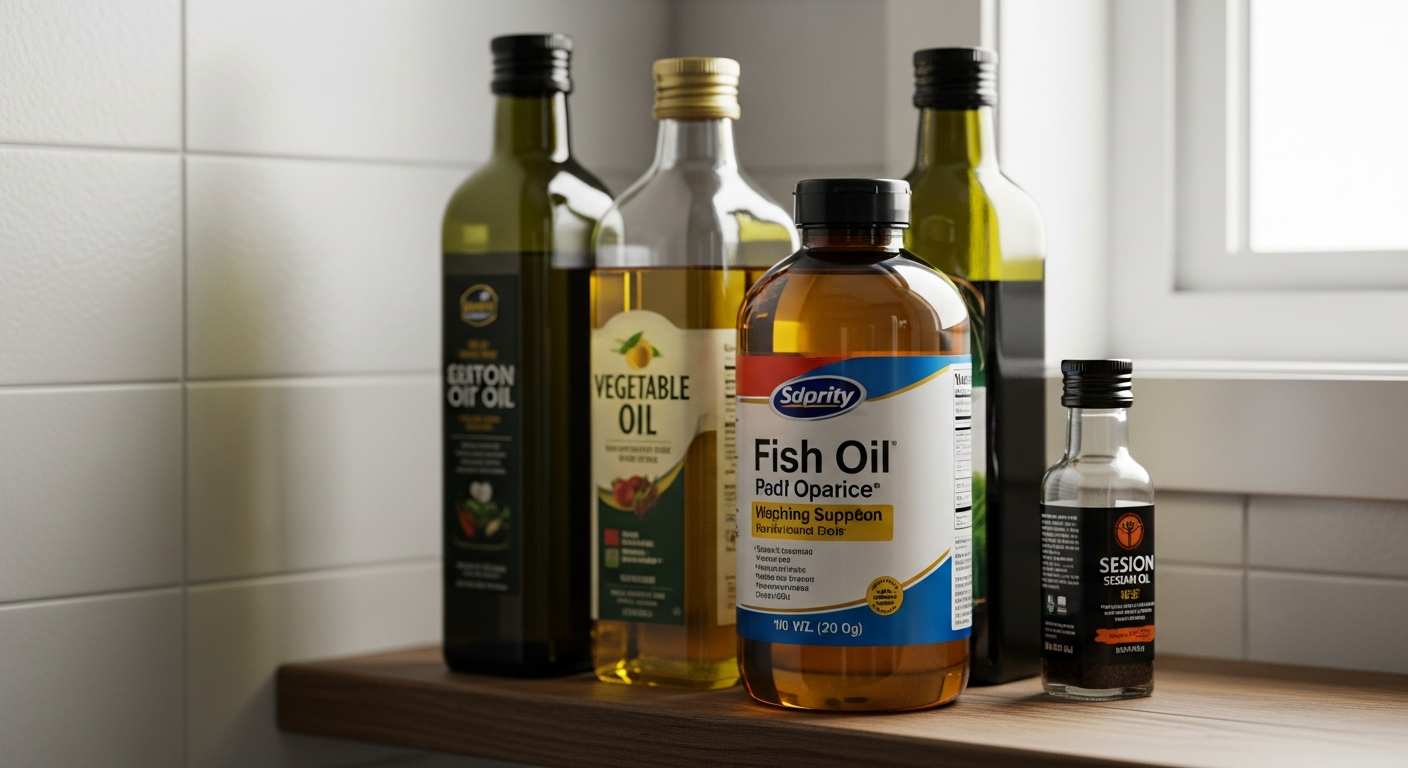 Fish oil beside multiple seed-oil bottles