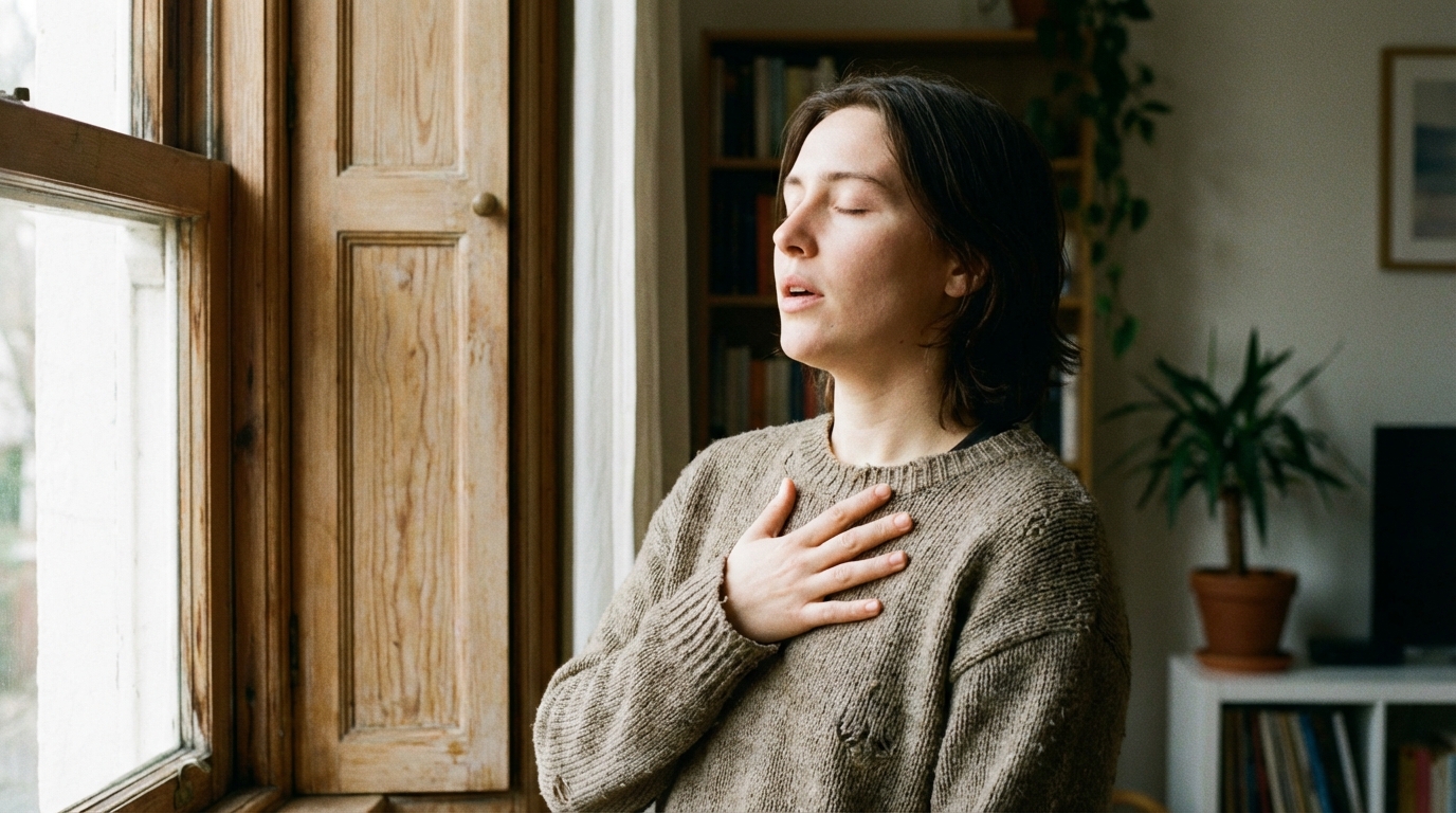 Person taking a slow breath by a window in soft daylight