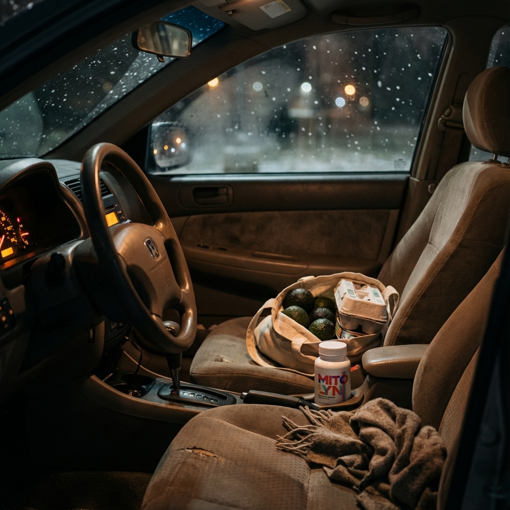 Mitolyn in a car cup holder during a quiet winter reset