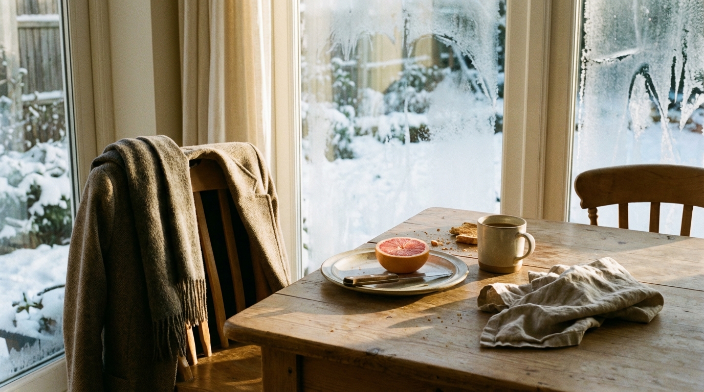 Winter breakfast corner with frost on window and soft sunlight