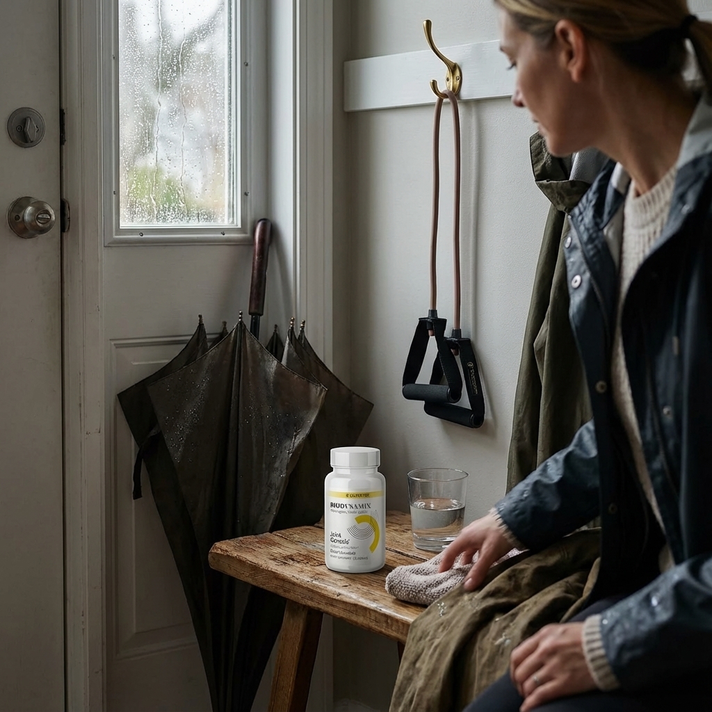 Joint Genesis bottle on entry bench beside resistance band and jacket on a rainy morning