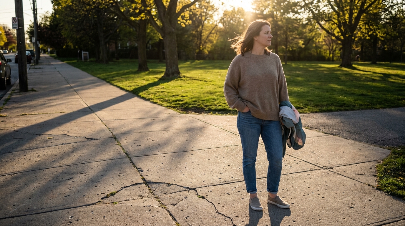 Woman pausing during a gentle afternoon walk in warm light