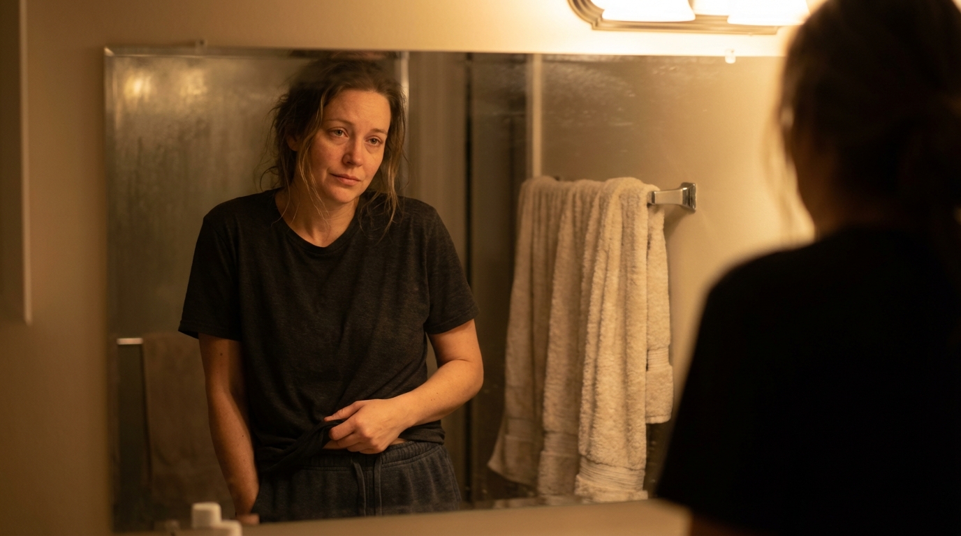Woman in a softly lit bathroom looking at herself gently