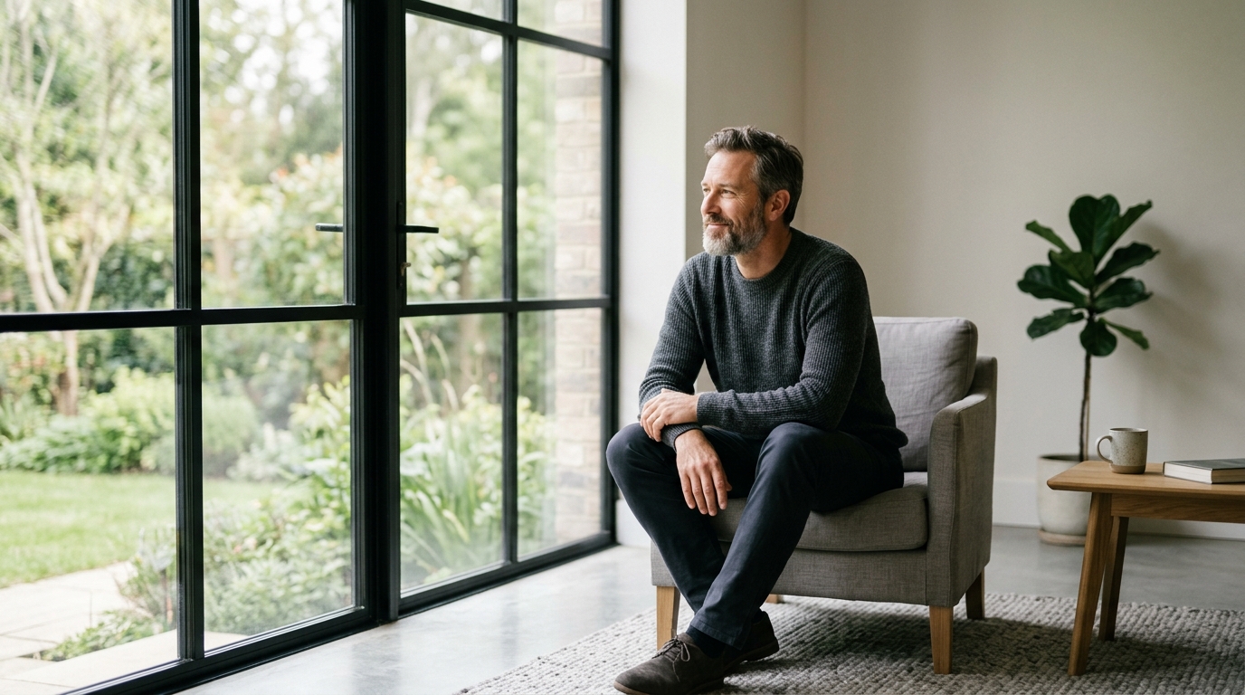 satisfied man by window showing contentment with solution
