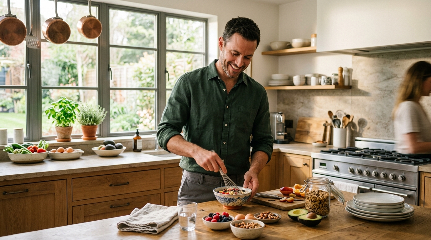 man preparing breakfast with confident energy