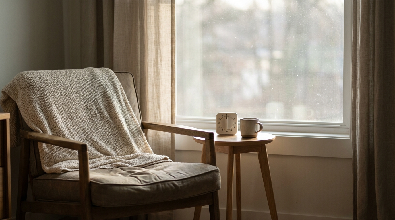 Calm chair by window with throw and small timer